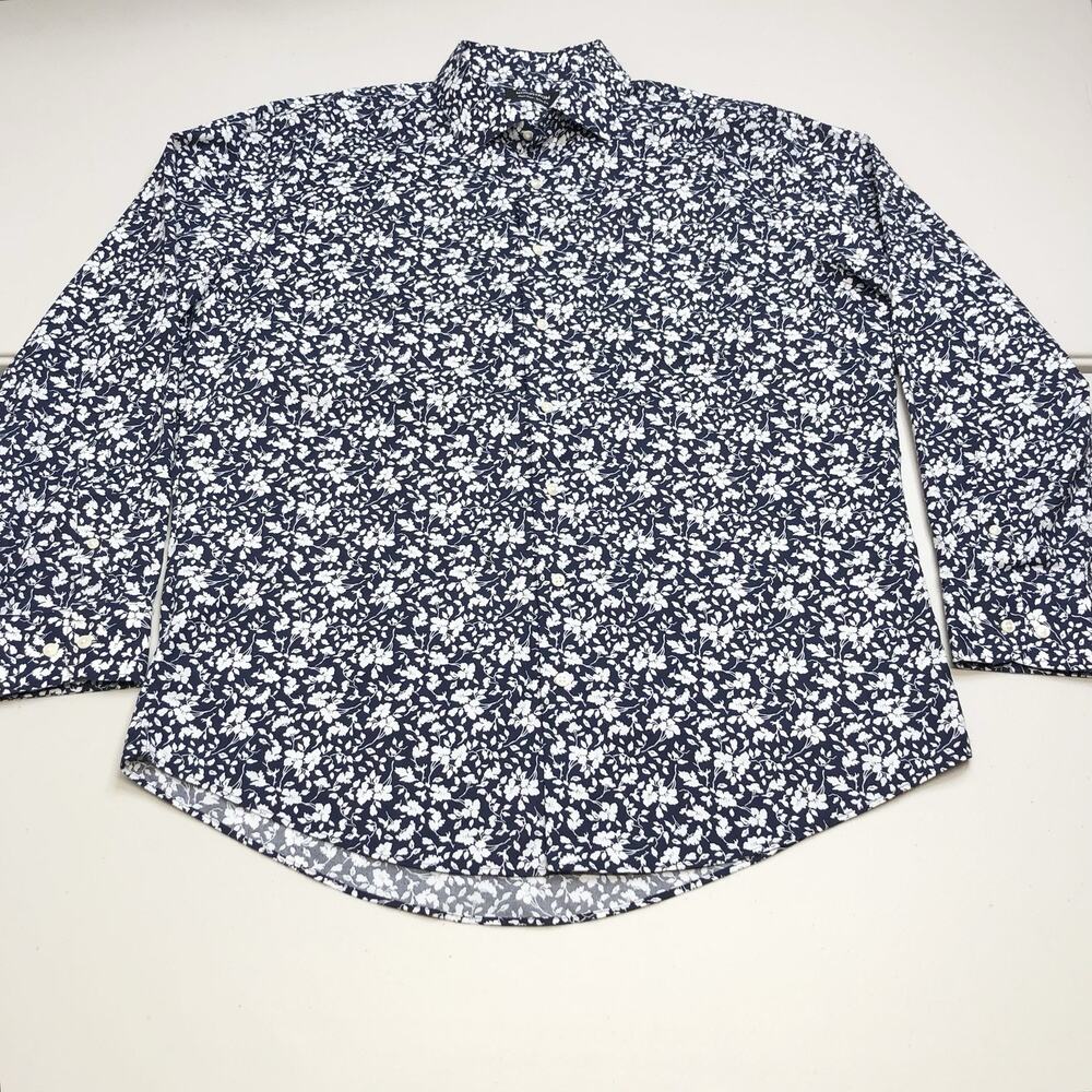 Nordstrom Dress Shirt Mens Non Iron Trim Fit Floral Black White Size 17 34-35